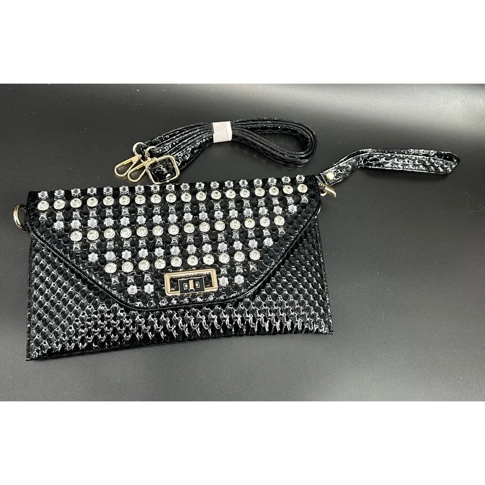 Black Studded Clutch Wristlet Crossbody Bag Rhinestone Snake Embossed Gold Purse